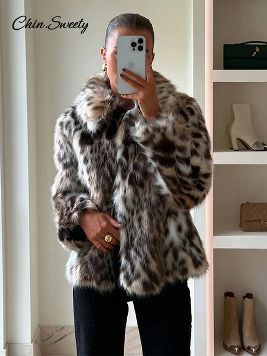 Leopard Print Faux Fur Short Coat Puff Plush Lapel Loose Button Jacket Female Winter Thick Warm Outerwear
