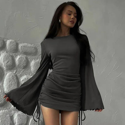 Flare Sleeve Drawstring Mini Dress