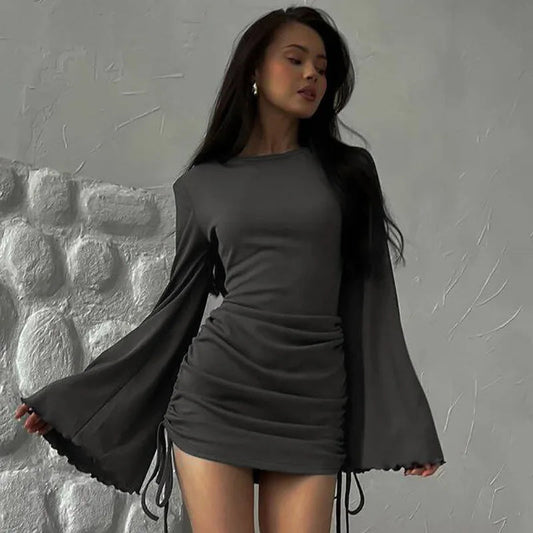 Flare Sleeve Drawstring Mini Dress
