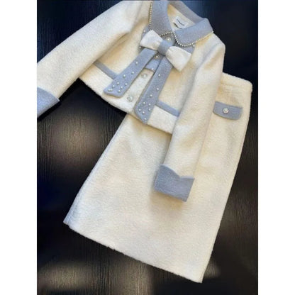 Sweet Hot Girl Suit Autumn/winter Bow Beaded Longsleeved Coat High Waisted Aline Skirt Twopiece Set Female Clothes
