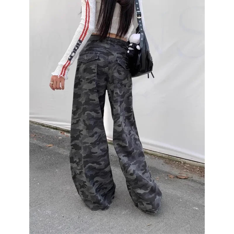 Camouflage Loose Jeans Autumn New High Street Contrast Color Patchwork Denim Wide Leg Pants
