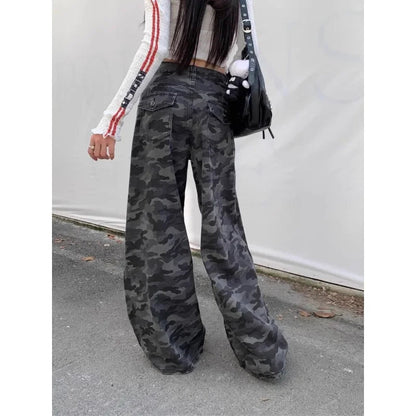Camouflage Loose Jeans Autumn New High Street Contrast Color Patchwork Denim Wide Leg Pants