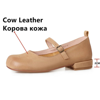 Round Toe Pumps Low Heels Genuine Leather Office Working Shoes Woman Spring Summer Retro Style