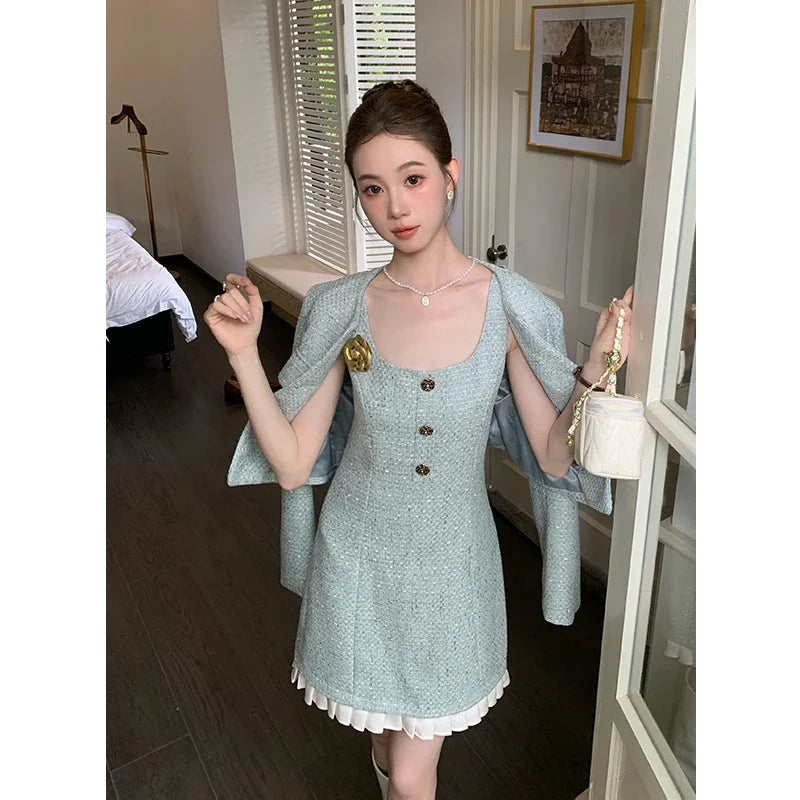 Autumn/winter New French Style Small Fragrant Style Coat+strap Camisole Dress High End Two Piece Set Outfits