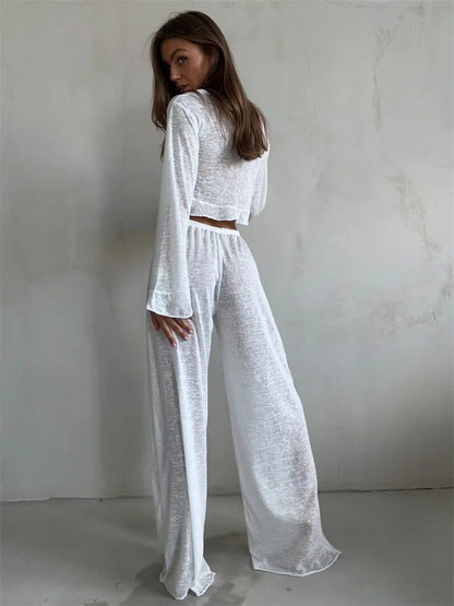 2 Piece-set Trousers for V-neck Lace-up Long Sleeve Top and High Waist ’s Pants Outfits Female