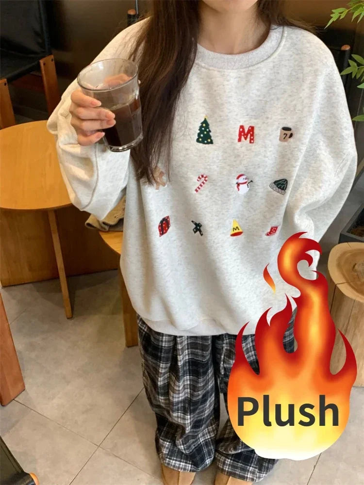 Snowman Graphic Print Hoodie Christmas Kawaii Oversized Sweatshirts Long Sleeve Cutecore Winter Clothes New