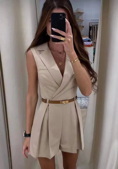 Summer Jumpsuit With Belt Sleeveless Turndown Collar Slim Short Jumpsuits Female Sping Lady Romper