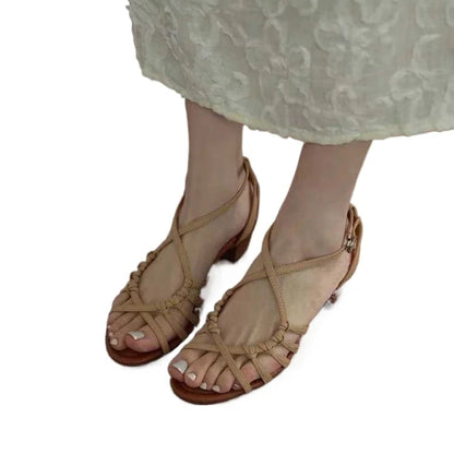 Open Toe Thick Heel Sandals for Woven Cross Straps Round Toe Roman Sandals Summer New Beach Shoes