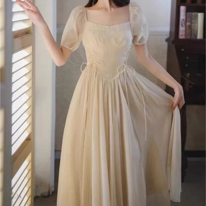 French Bubble Sleeves Dresses Summer Square Collar Evening Party Prom Sweet Chiffon Long Dress