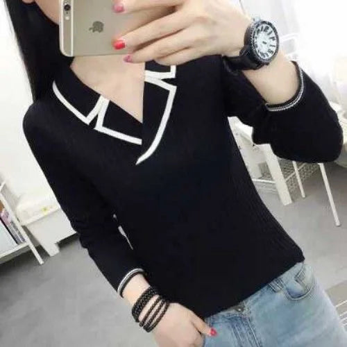 Autumn Winter Style Knitted Pullover Tops Lady V-neck Knitted Pullover Sweater Df4922