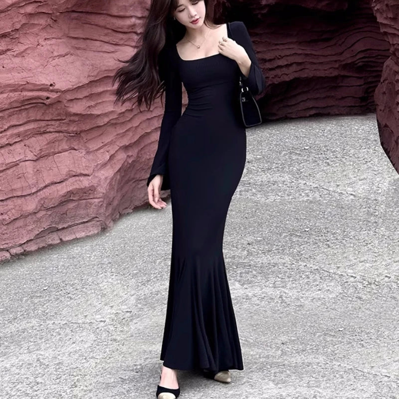 Autumn Long Dresses for Long Sleeves Square Collar Korean Style Slim Fit Mermaid Basic Vestidos New