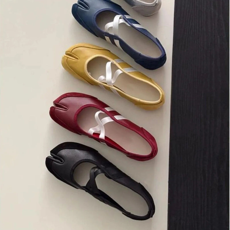 Splittoe Ballet Flats Shoes Pu Leather Cross Band Mary Janes Shoes Spring Autumn Loafers New