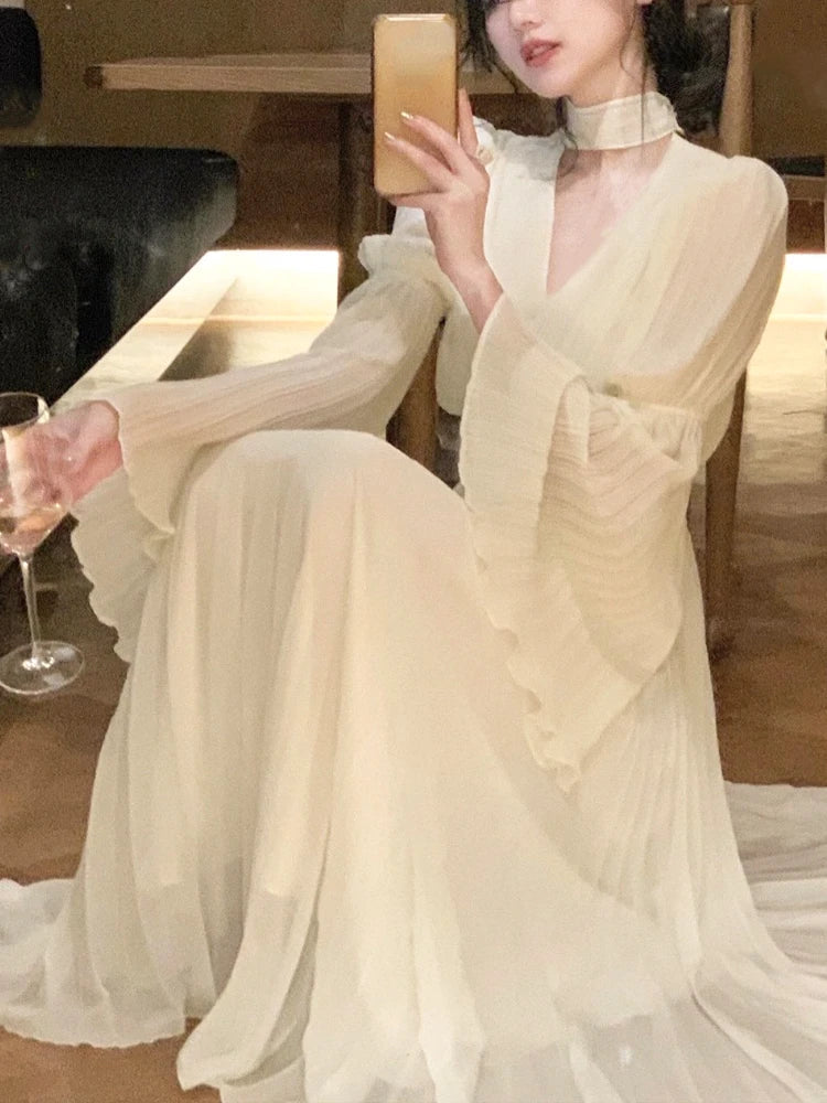 French Ruffle Irregular Long Dresses Fairy Pleated Party Evening One Piece Dress Korean Female Clothings