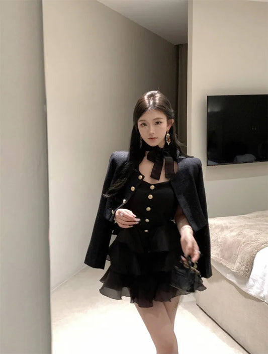 Sweet Hot Girl Suit Autumn Winter Gold Buckle Short Coat Laceup Slim Aline Dress Twopiece Set Female Clothes