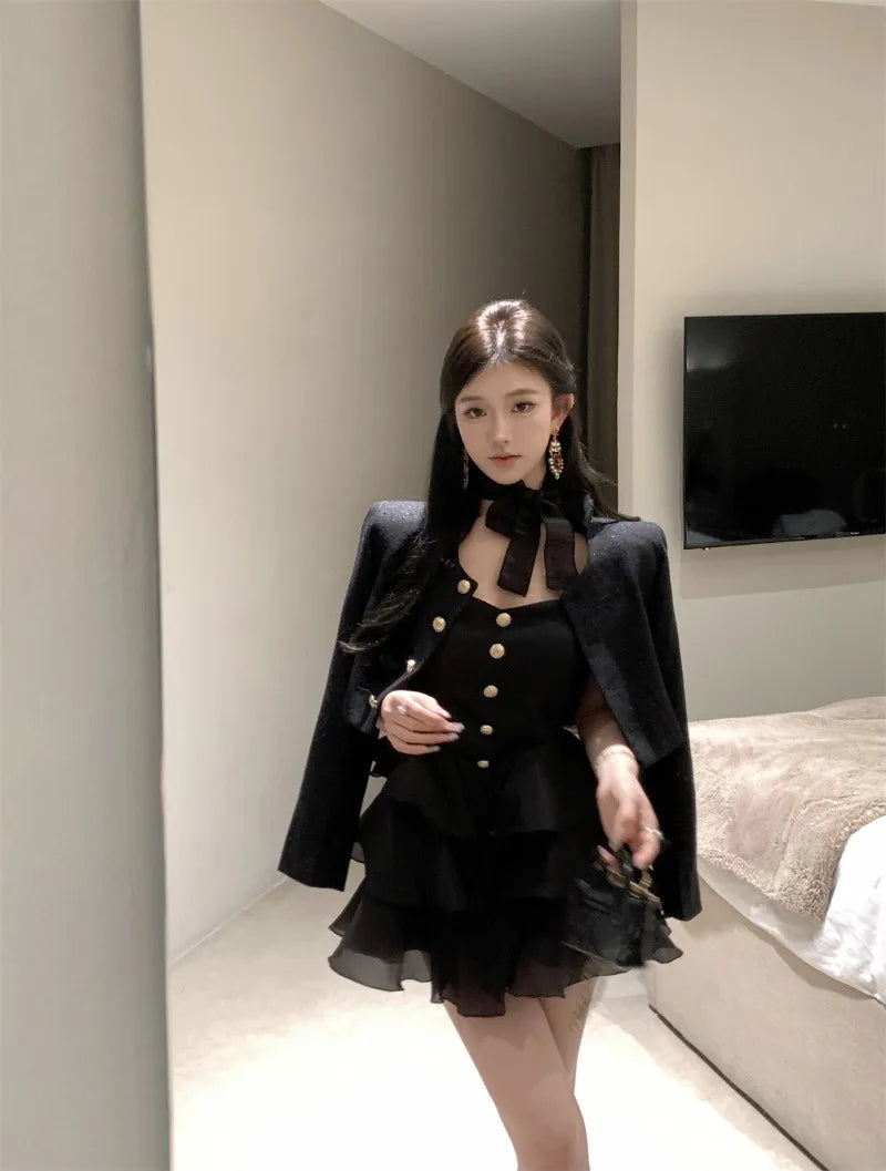 Sweet Hot Girl Suit Autumn Winter Gold Buckle Short Coat Laceup Slim Aline Dress Twopiece Set Female Clothes