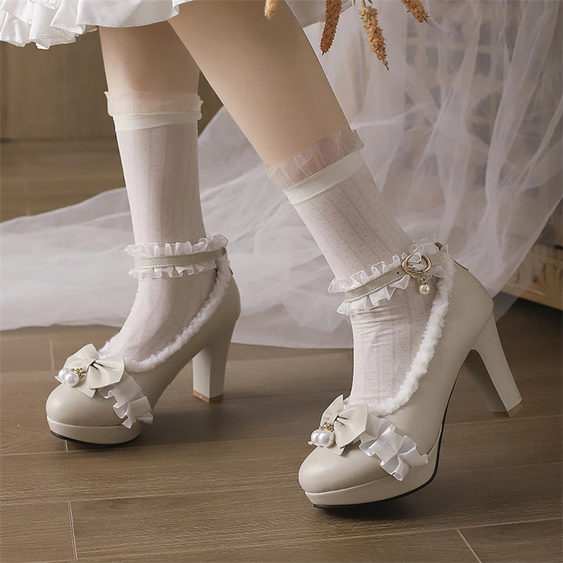 Ankle Strap Lolita Pumps Round Toe Thick High Heels Buckle Ruffles Bow Kawaii Cosplay Shoes Spring Autumn