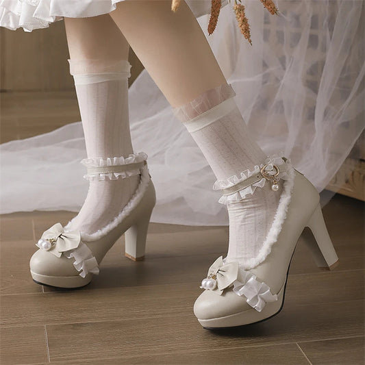 Ankle Strap Lolita Pumps Round Toe Thick High Heels Buckle Ruffles Bow Kawaii Cosplay Shoes Spring Autumn