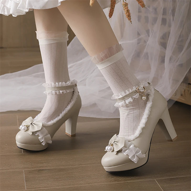 Ankle Strap Lolita Pumps Round Toe Thick High Heels Buckle Ruffles Bow Kawaii Cosplay Shoes Spring Autumn