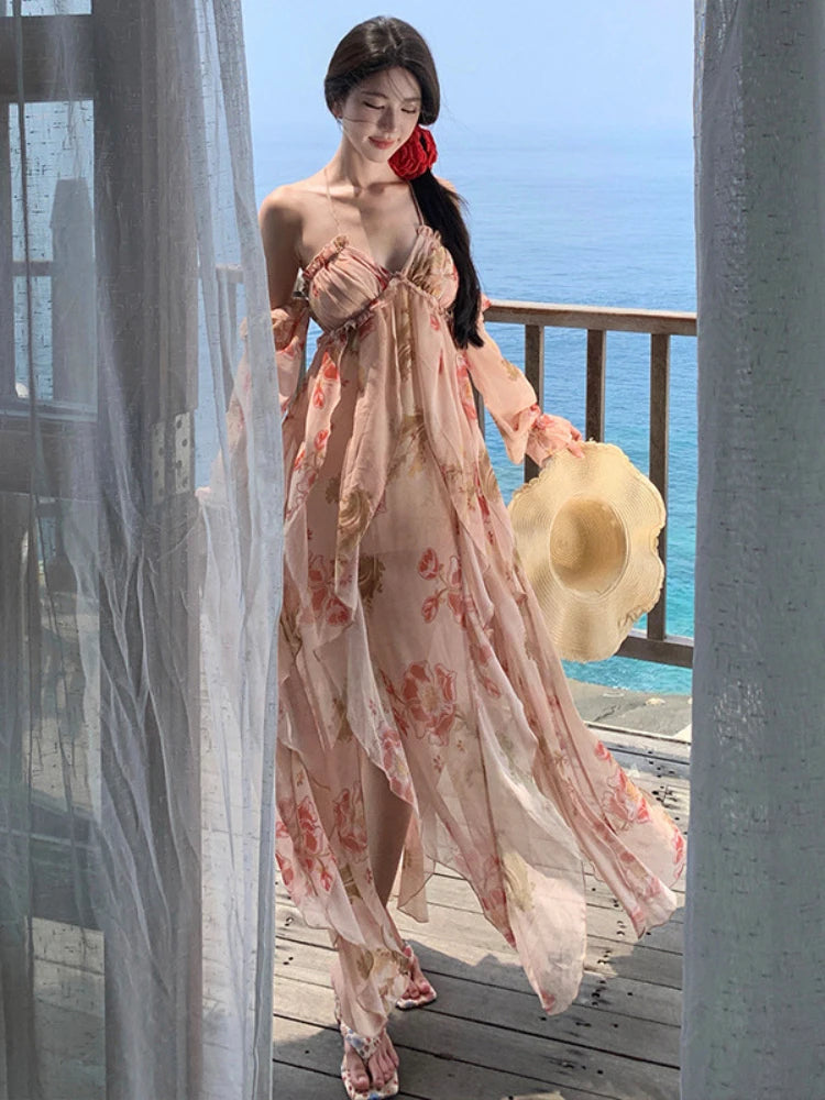 French Off Shoulder Beach Dress Sweet Halter Irregular Party Long Dresses Fairy Backless Y2k Vestidos