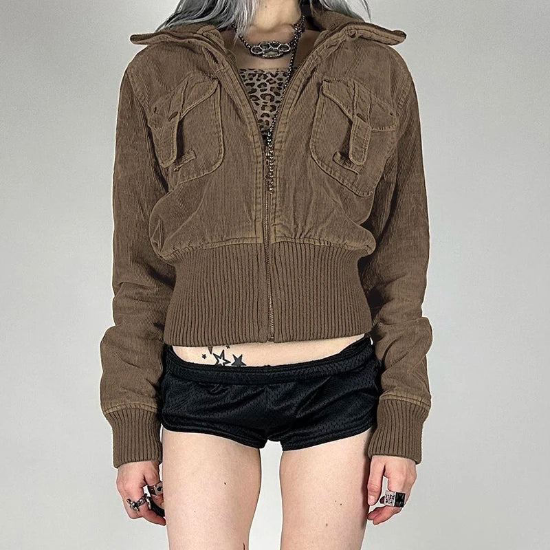 Y2k Corduroy Jacket Autumn 2000s Brown Zip Up Coat Pocket Detail Slim Fit Outerwear
