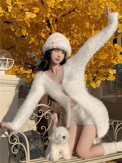 Sweet Hot Girl Pure Suit Autumn Knitted Cardigan High Waisted Slim Fit Shorts Twopiece Set Female Clothes