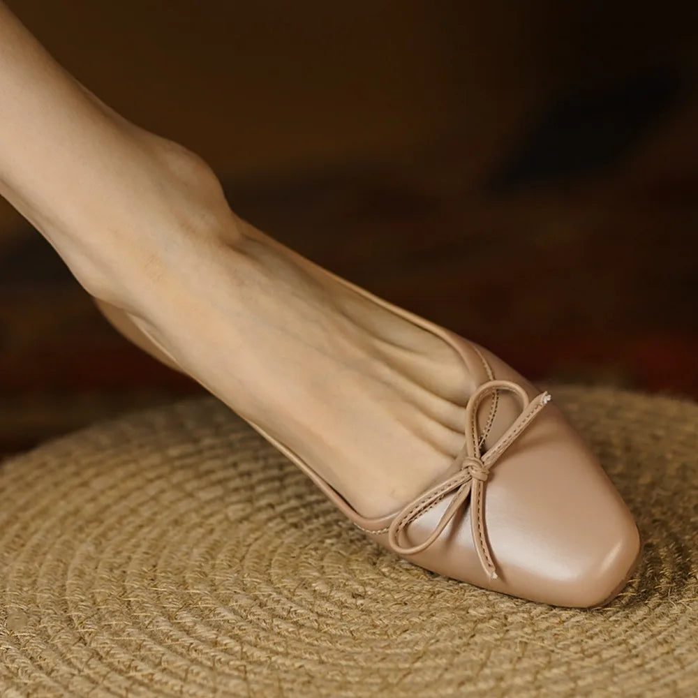 Genuine Leather Square Toe Slipon Flats Daily Shoes for Sweet Bowtie Korean Style Shoes for