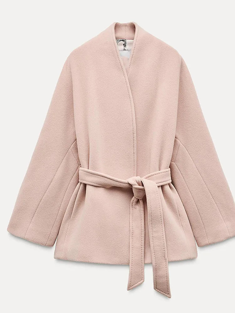 Sweet Pink V-neck Woolen Jacket Belt Lace Up Loose Full Sleeved Outerwear Autumn Winter Lady High Street Overcoat