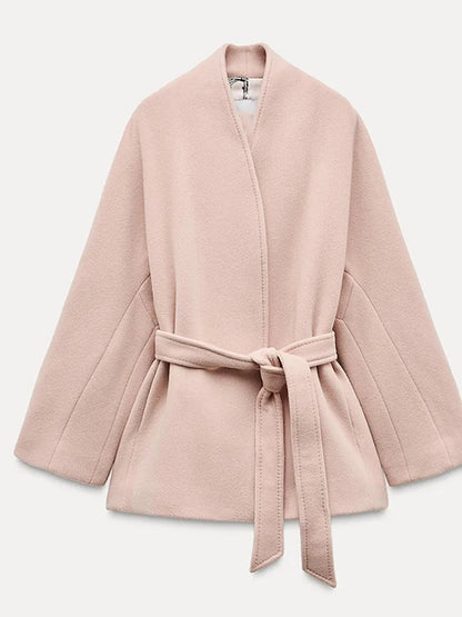 Sweet Pink V-neck Woolen Jacket Belt Lace Up Loose Full Sleeved Outerwear Autumn Winter Lady High Street Overcoat