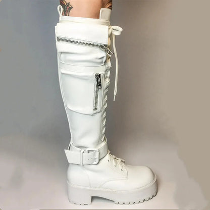 Motorcycle Boots Round Toe Laceup Knee High Heels Side Zipper 39 Big Size Goth Punk Shoes