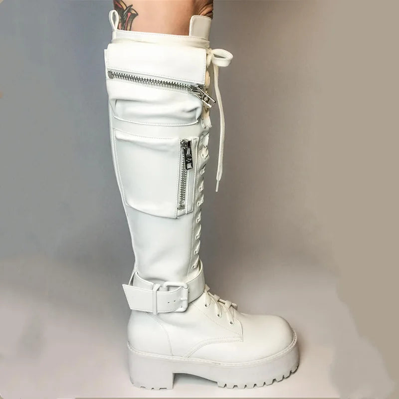 Motorcycle Boots Round Toe Laceup Knee High Heels Side Zipper 39 Big Size Goth Punk Shoes