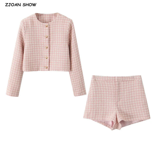 2 Pieces 1 Set French Style Retro Pink Plaid Woven Tweed Blazer + High Waist Mini Shorts Pants Suits