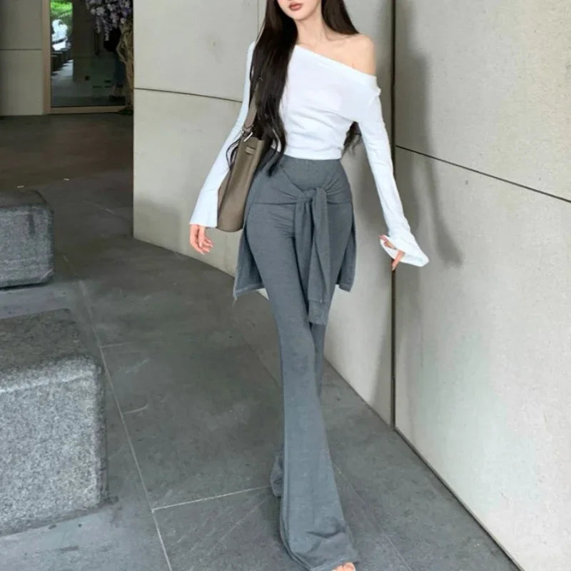 Autumn New Skew Collar Strapless Long Sleeve Tshirt + Pleated Laceup Slim Wide Leg Pants Twopiece Suit