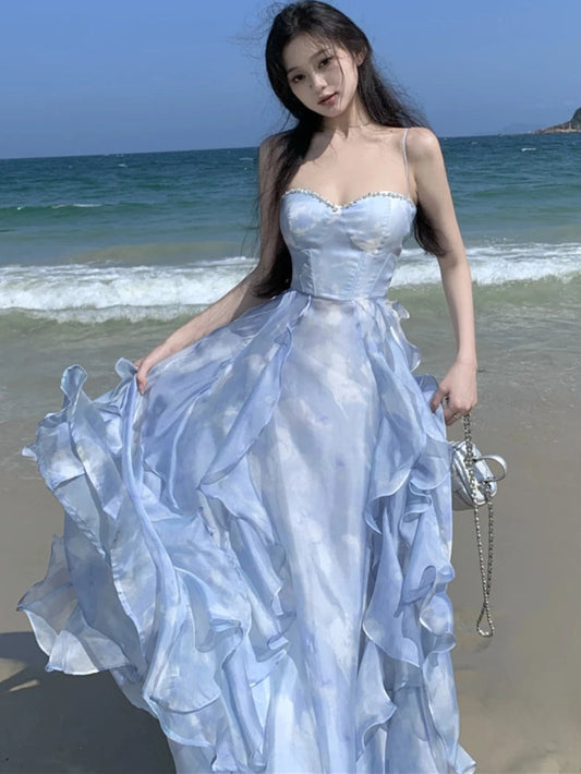 New Summer Long Dresses for Spaghetti Strap Korean Aline Ruffles Beach Style Party Dress One Piece Vestido Mujer