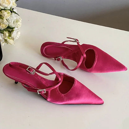 Silk Designer High Heeled Sandals Narrow Band Shallow Low Heel Office Shoes Female Pointed Toe Pumps Brand Slingback
