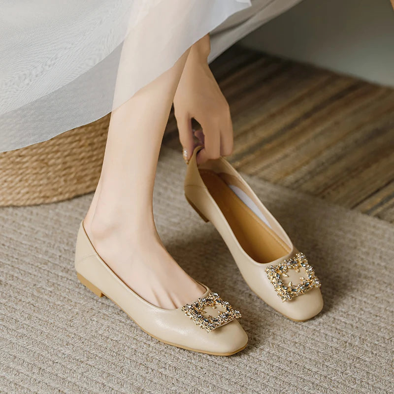 Rhinestone Lace Square Buckle Square Closed Toe Slip on Flat Shoes , Work Driving Walking Wedding