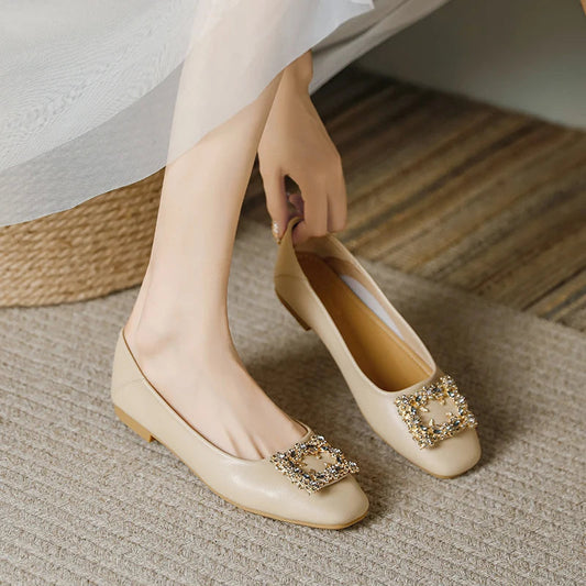 Rhinestone Lace Square Buckle Square Closed Toe Slip on Flat Shoes , Work Driving Walking Wedding