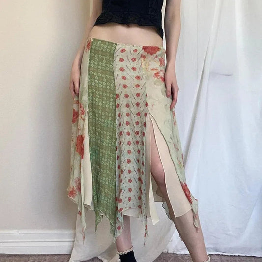Contrast Color Print Aline Skirt Summer New Low Waist Split Irregular Midlength Skirt