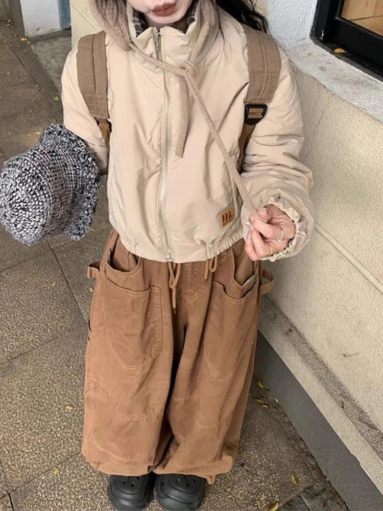 Plain Spliced Wide Leg Cargo Pants Big Pockets Drawstring Low Waist Loose Draped Sweatpants Lounge