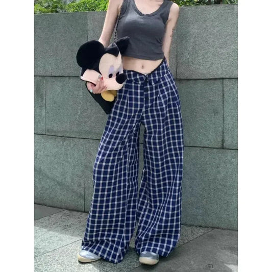 Multibutton Loose Pants Summer New Korean Contrast Color Plaid All Match Wide Leg Pants