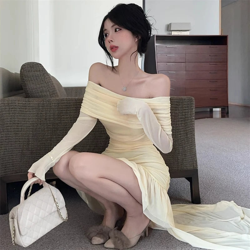 Mesh Mini Dresses Slash Neck Spring Summer Dress Korean Ruffles Vestidos Mujer
