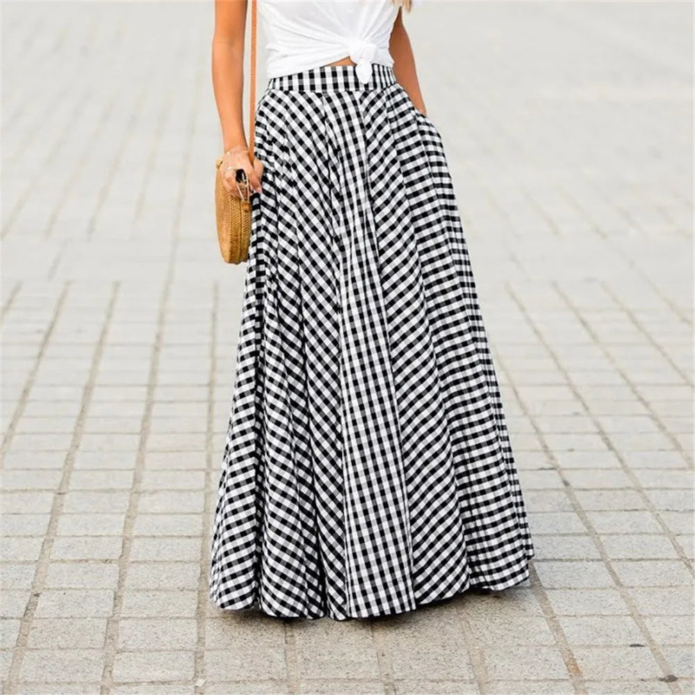 Y2k New Skirts Plaid Check Elastic Waist Long Skirts Zipper Pleated Pockets Skirts