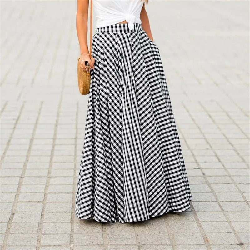 Y2k New Skirts Plaid Check Elastic Waist Long Skirts Zipper Pleated Pockets Skirts
