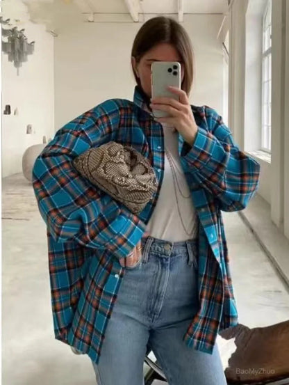 Summer Oversized Plaid Shirt Long Sleeve Loose Fit Blouse Autumn Female Office Shirt Tops for Woman