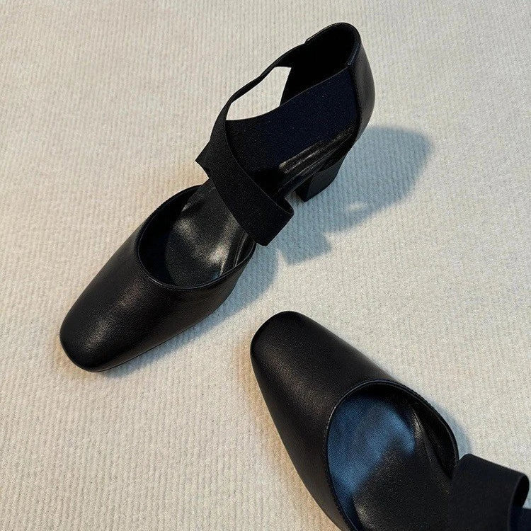 Sshoes Square Toe Thick Middle Heel Cross Elastic Cowhide Color Office Shallow Single Shoes