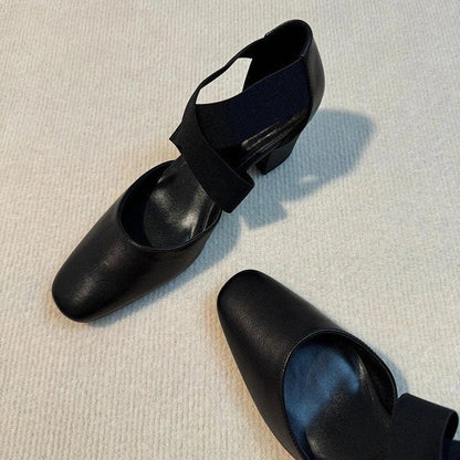 Sshoes Square Toe Thick Middle Heel Cross Elastic Cowhide Color Office Shallow Single Shoes