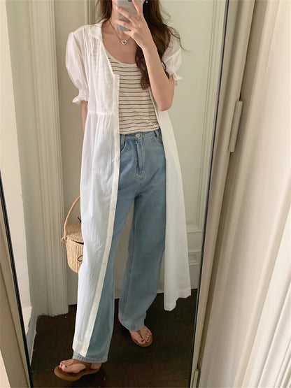 White Summer Slim Long Dress Sweet Short Puff Sleeve Mujer Ol All Match Daily