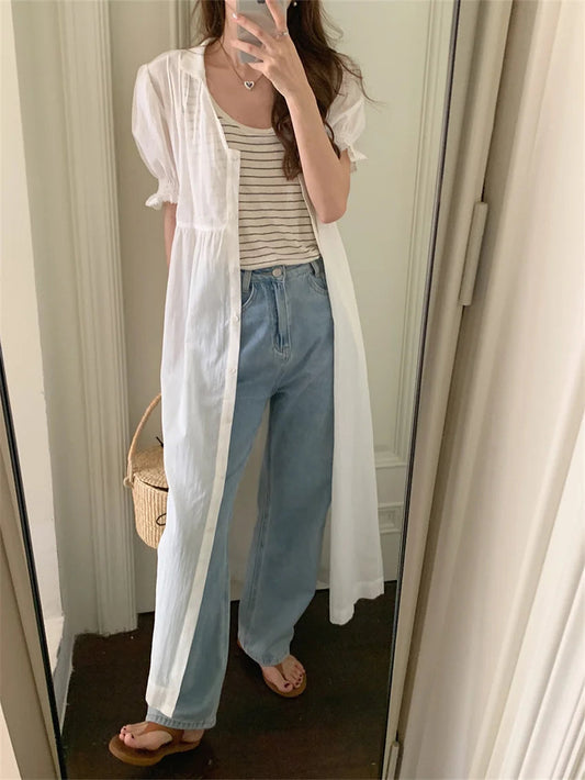 White Summer Slim Long Dress Sweet Short Puff Sleeve Mujer Ol All Match Daily