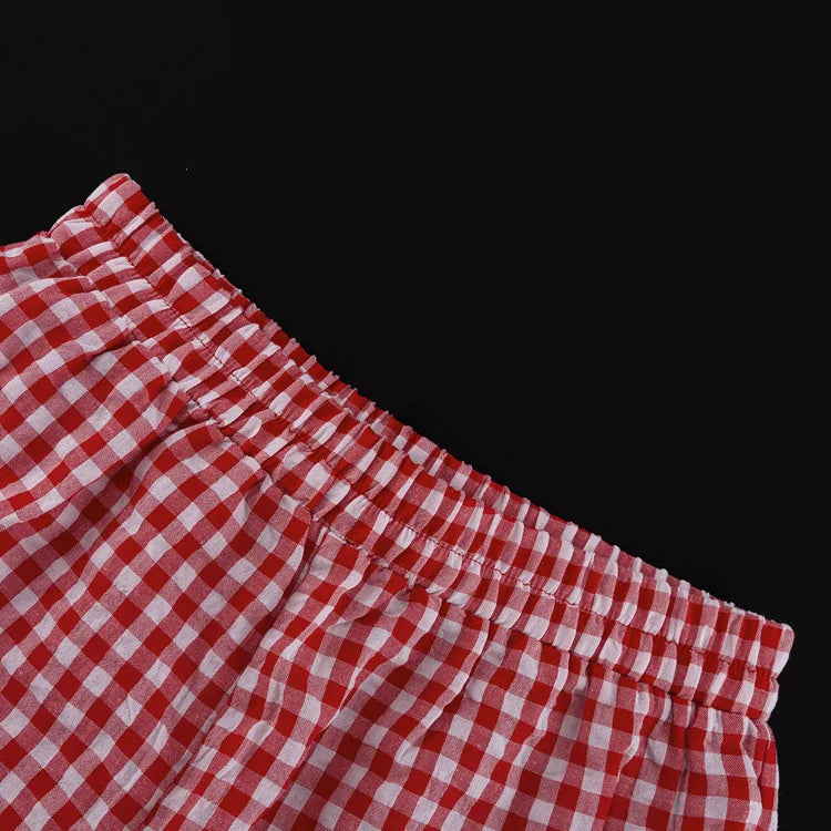 Red Plaid Wide Leg Pants Sets Long Sleeve Lace-up Blouse+elastic Waist Trouser Lace Trim 2 Piece Set New