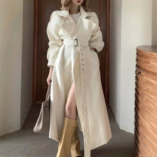 Autumn Winter Woman New Lapel Windbreaker Trench With Belt Korean Style Outerwears Midi Coats