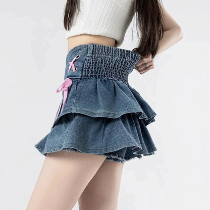 Kawaii Denim Mini Skirt Bow Ruffle Sweet Coquette Skirt Summer Cutecore Blue Aline Retro Short Skirts